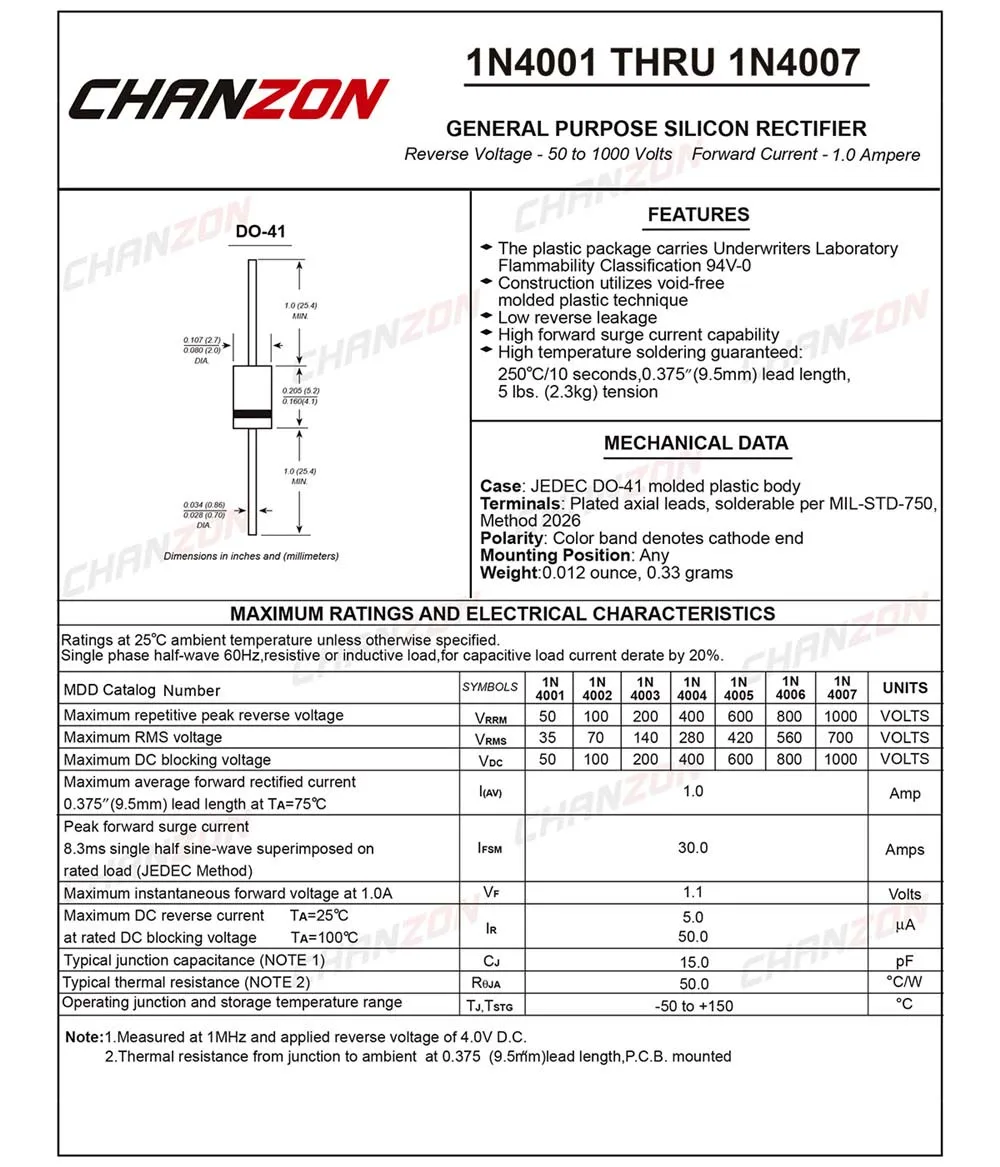 100Pcs วงจรเรียงกระแสไดโอด1A DO-41 DO-204AL Axial 1N4001 1N4002 1N4003 1N4004 1N4005 1N4007 50V 100V 200V 400V 600V 1000V 1N ใน