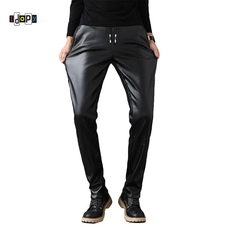 

Idopy Fashion Trend Black PU Faux Leather Pants Skinny Casual Business Mens Leather Jeans Pants Tousers For Men With Drawstring