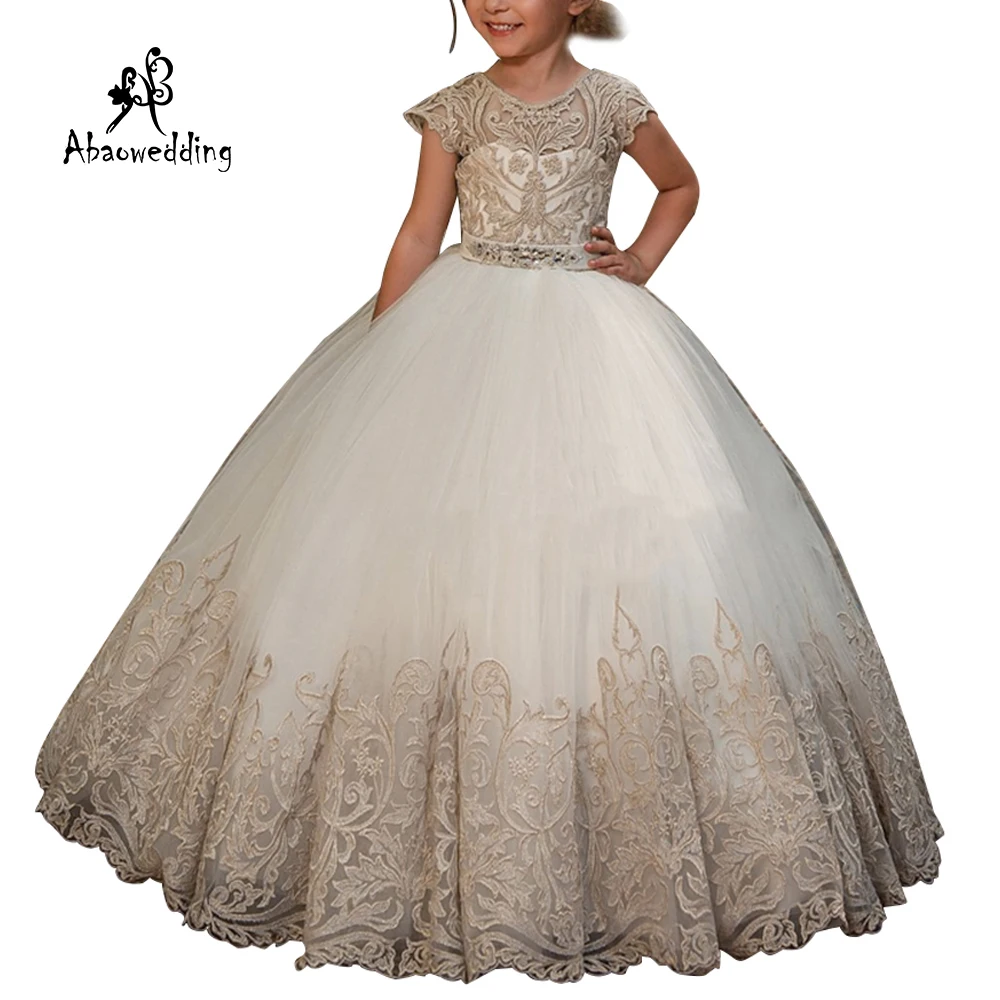 

New Arrival Girls Beading Sash Ball Gowns Lace Appliques Floor Length Flower Girls Princess Elegant Wedding Pageant Dresses