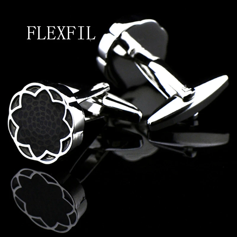 FLEXFIL Round Lotus Jewelry French Shirt Fashion Cufflinks for Men\'s Cuff links Buttons Black High Quality Free Shipping