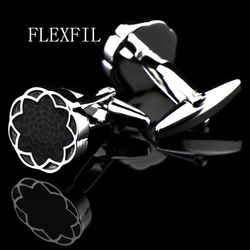 FLEXFIL Round Lotus Jewelry French Shirt Fashion Cufflinks for Men's Cuff links Buttons Black High Quality Free Shipping