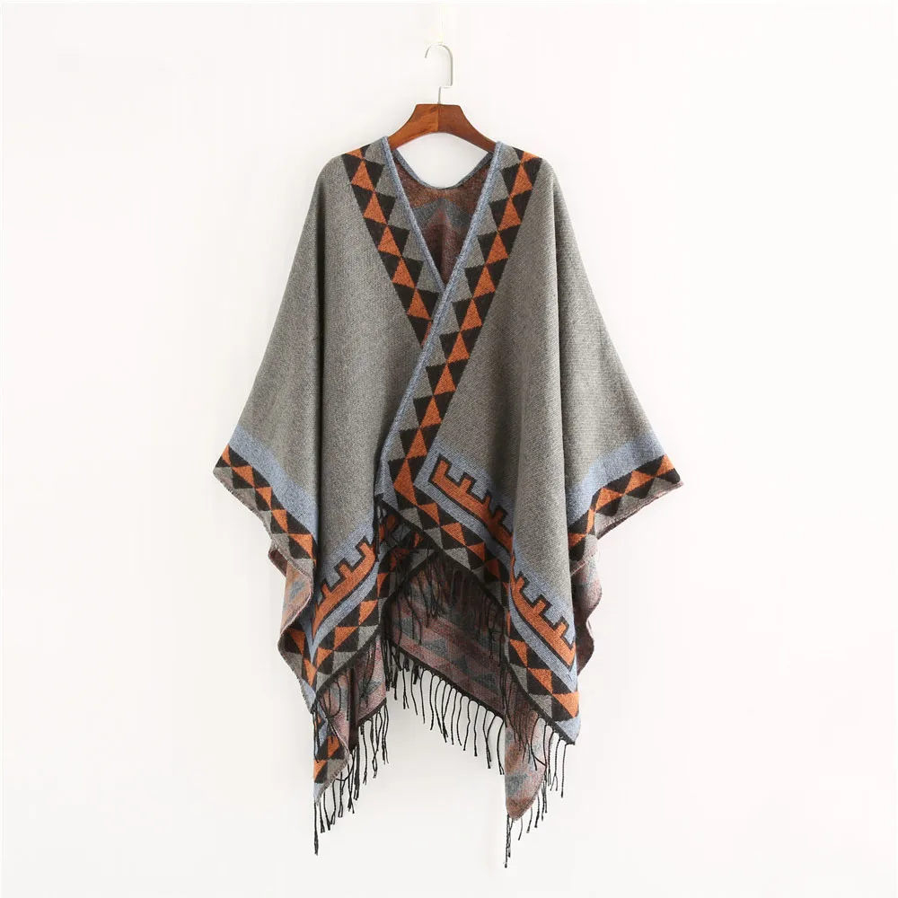 FS-Poncho de Pashmina con borlas geométricas para mujer, bufandas cálidas de estilo indio, abrigo de otoño e invierno