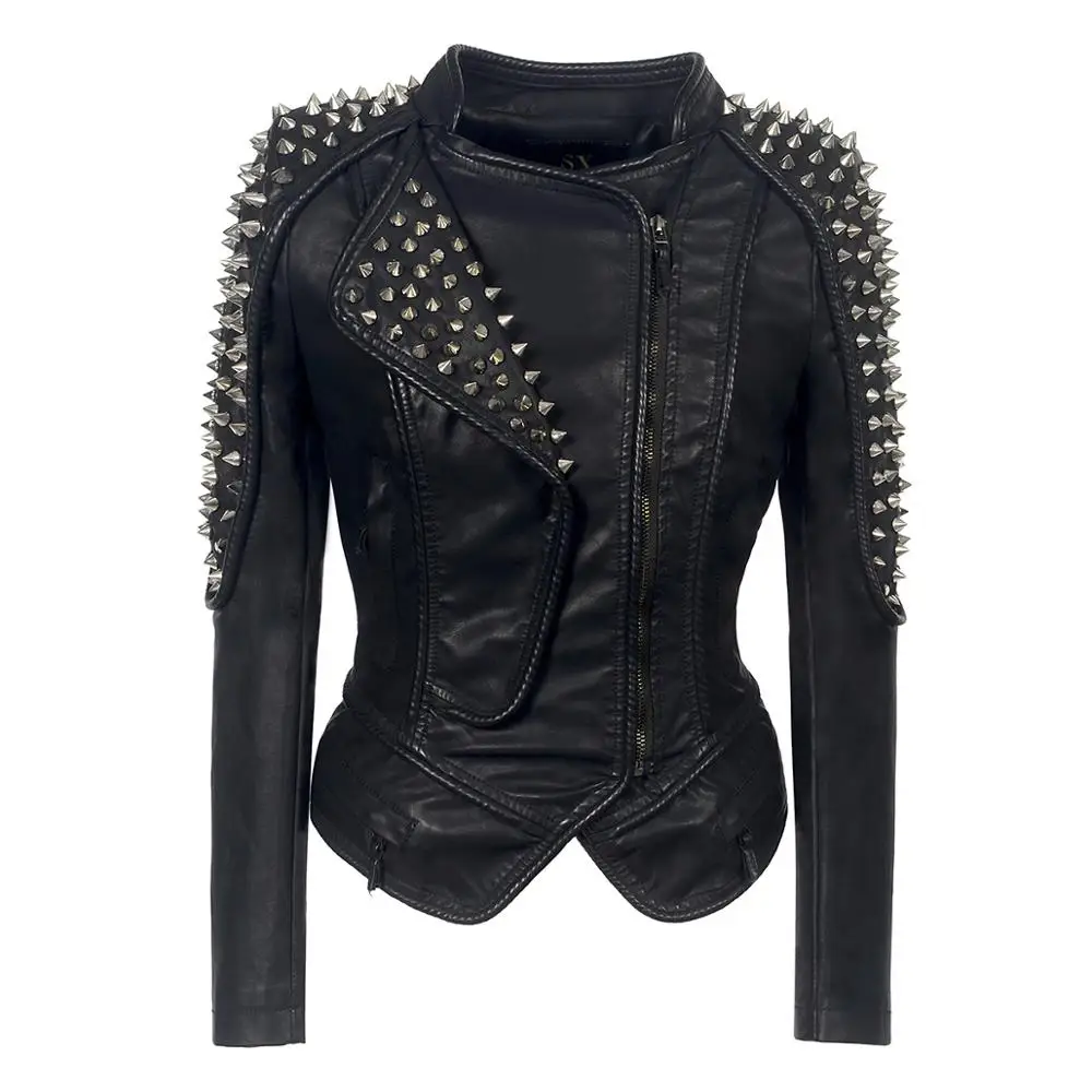 

SX Punk Rivet faux leather PU Jacket Women fashion Winter Autumn Motorcycle Jacket Black Windbreak Coat Outerwear