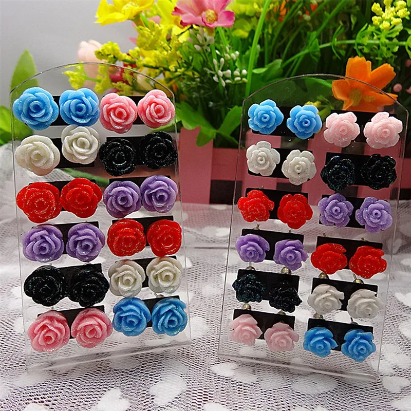 24PCS=12Pair Earring Pack Jewelry Mixed Lots Resin Rose Flower Stud Earrings Fluorescent Colors Of Roses Earrings For Women Gift