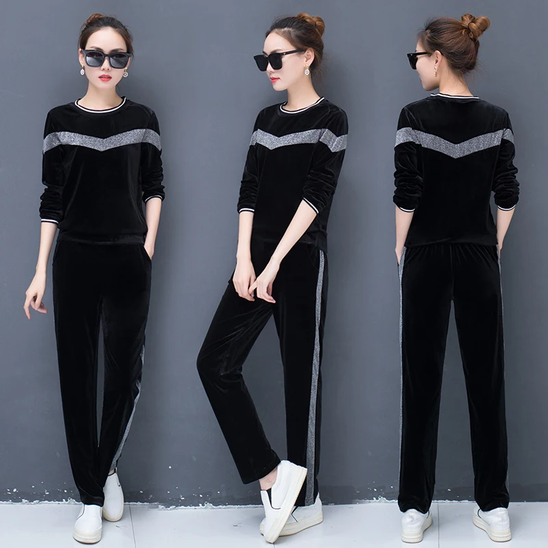 Gold velvet casual sports suit female 2020 spring and autumn new Korean fashion loose thin large size two-piece