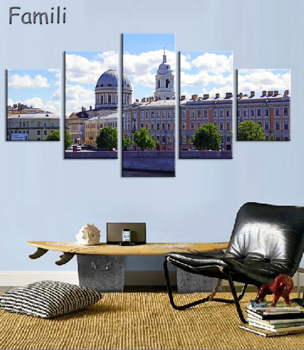 (Unframed)5Pieces/set Modern Wall Painting Art Picture Paint On Canvas Prints Night Charming Russian building