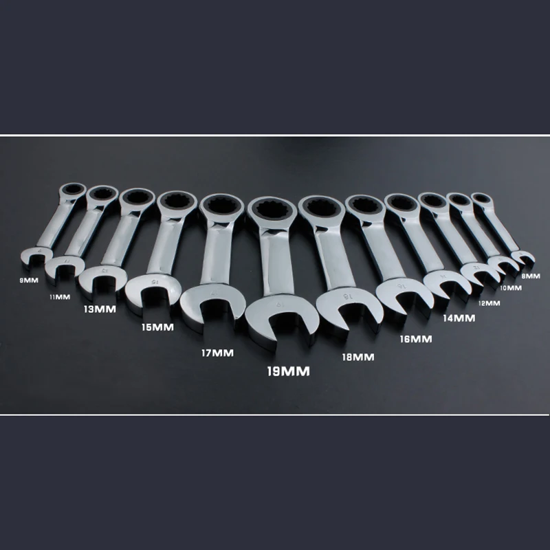 Combinação reversível Ratchet Socket Spanner e Nut Repair Tools Set, Single Wrench, 8mm-19mm, Novo
