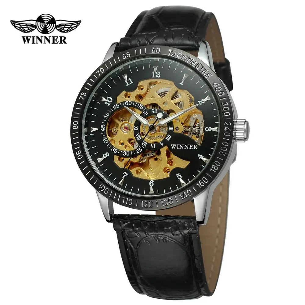 

T-WINNER WATCH black and golden surface Arabic numerals with Roman numerals black leather strap men's automatic watch