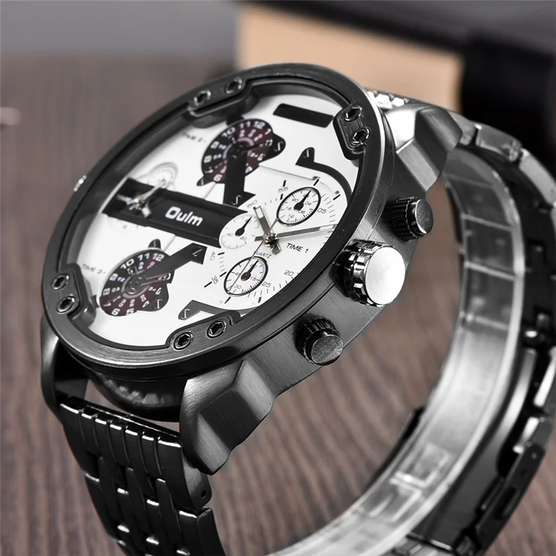 Oulm Huge Two Time Zone Men\'s Watches Top Luxury Brand Male Quartz Big Size Watch Individuality Large Men Military Wristwatch