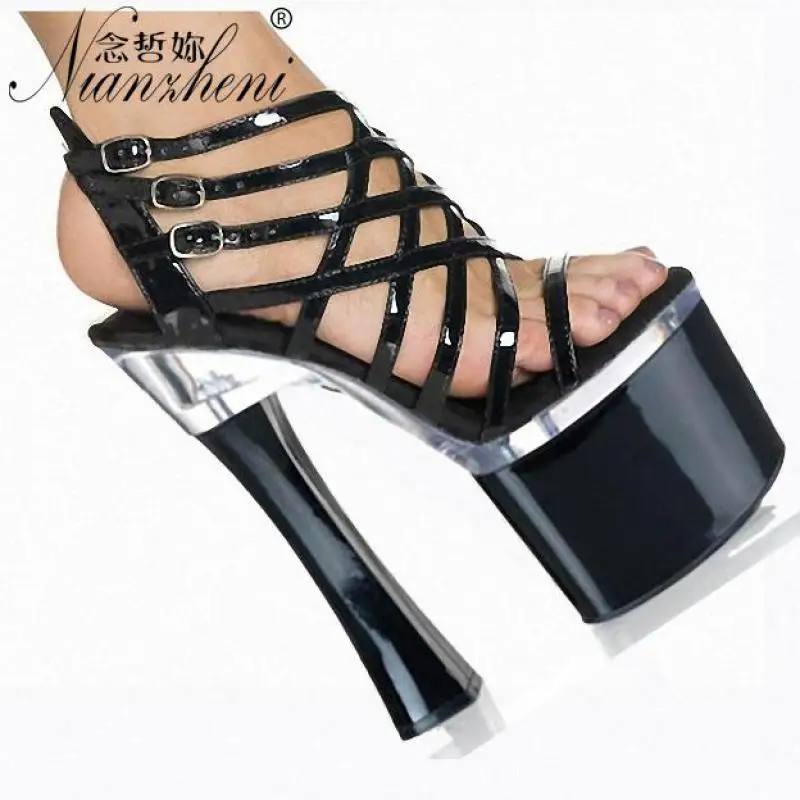 8 inch high Stripper heels women sexy Ankle Strap Gladiator dancing shoes Gothic Evening Silver 18cm Buckle Spool Heels Sandals