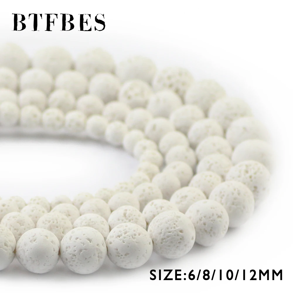 BTFBES White Lava Beads Volcanic Rock Hight Quality Natural Stone 6 8 10 12mm White Color Beads For Jewelry Making Bracelet DIY