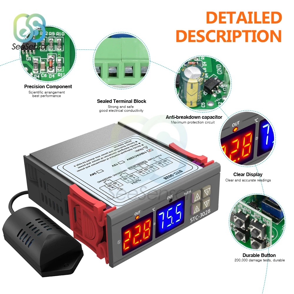 STC-3028 Dual Umidità Regolatore di Temperatura Regolatore Digitale per Frigo Termostato Regolatore Regolatore 12V 24V 220V Termometro