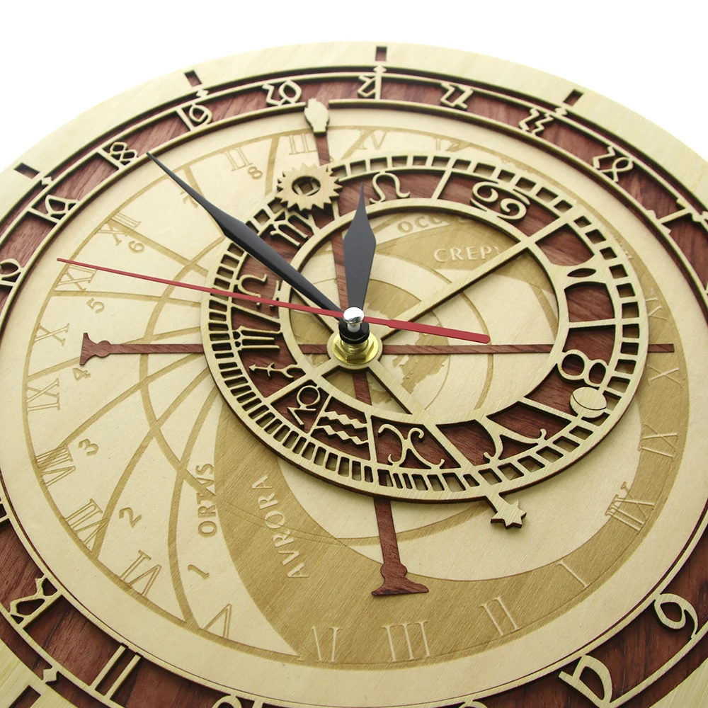 Prague Astronomical Clock in Wood Czech Republic Medieval Astronomy Wall Art Astrology Decorative Wall Watch Artwork Prague Gift