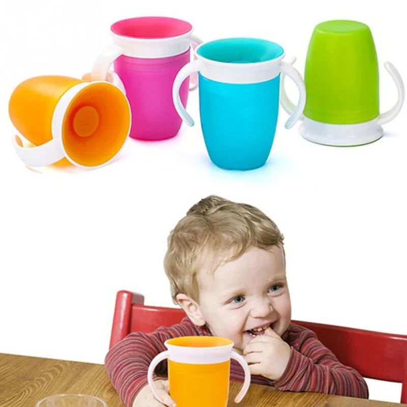 

360 Degrees Can Be Rotated Baby Learning Drinking Cup With Double Handle Flip lid Leakproof Infants Water Cups Bottle