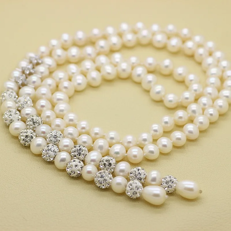 MADALENA SARARA AAAA 8-9mm Freshwater Pearl White Pearl Necklace Round Pearl With Crystal Bead 40