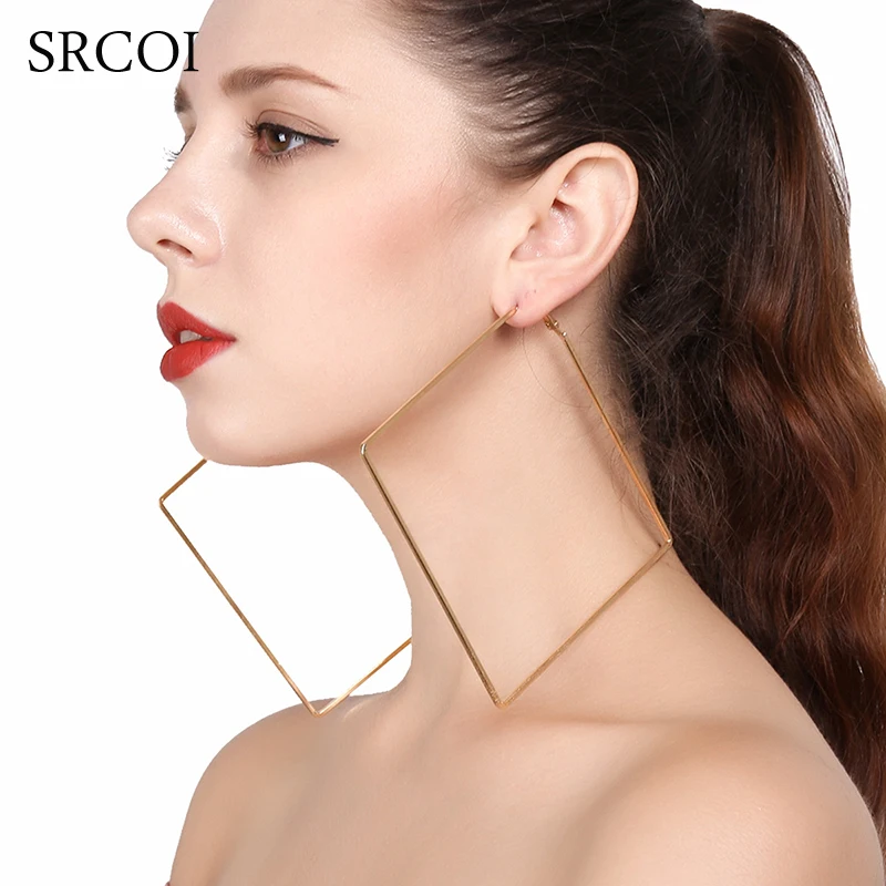 SRCOI Oversize Big Circle Hoop Earring For Women Simple Punk Style Brincos Round Square Earrings Simple Geometric Party Jewelry