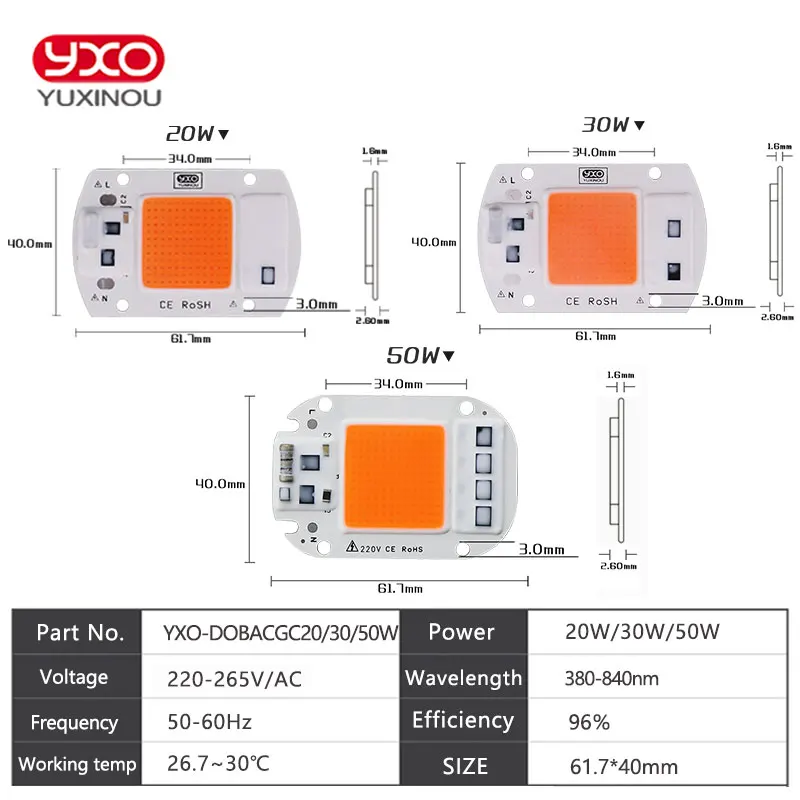 YXO YUXINOU LED COB Chip For Grow Plant Light Full Spectrum Input 220V AC 20W 30W 50W For Indoor Plant Seedling Grow and Flower