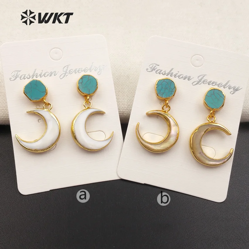 WT-E428 Wholesale Fashion Natural Shell Earrings green stud with unique moon shape pendant for lady girls making romantic style