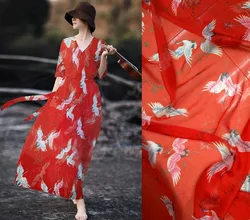 Telas Red-crowned Crane Yarn Printed Tissu Thin Elegant Sericiculture 100% Pure Silk Chiffon Fabric Clothes Skirt Silk Fabric