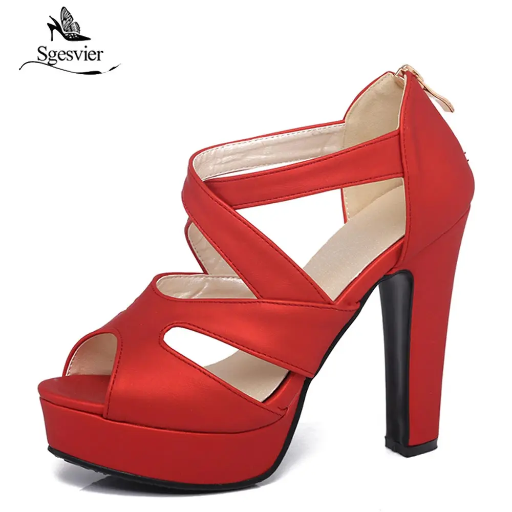 SGESVIER Women Sandal Square High Heel Platform Women Shoes Red Zipper Peep Toe PU Leather Ladies Wedding Shoes Size 31-43 B149