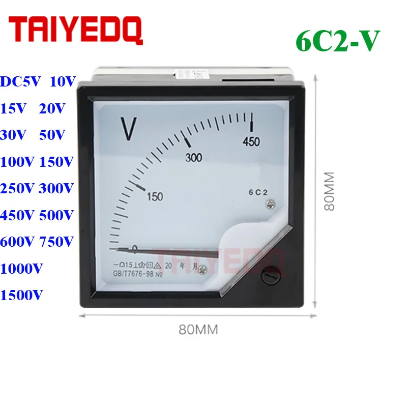 6C2 DC Volt Meter 5V 10V 15V 30V 75V 100V 150V 300V 500V 750V 1000V Panel Analog Voltmeter Voltage Meter Electric Meters 80*80mm