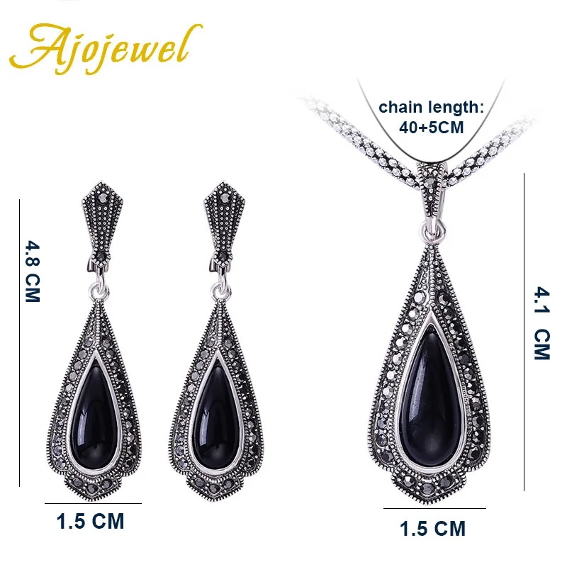 Ajojewel Brand Vintage Black Jewelry Sets For Women Water Drop Pendant Necklaces Earrings Set With Rhinestones