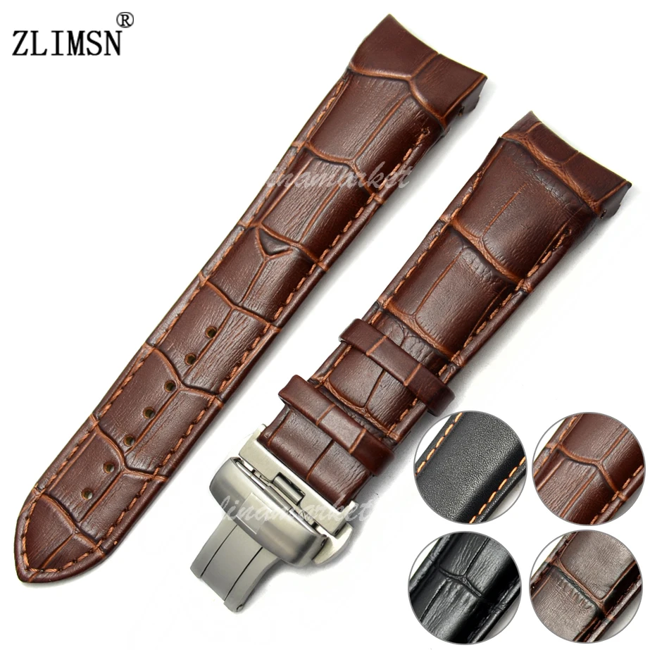 Watchbands Genuine Leather Stitched Watch Bands Black Brown Orange Stitched Curved Weatband Men 22mm 24mm Metal Buckles T035