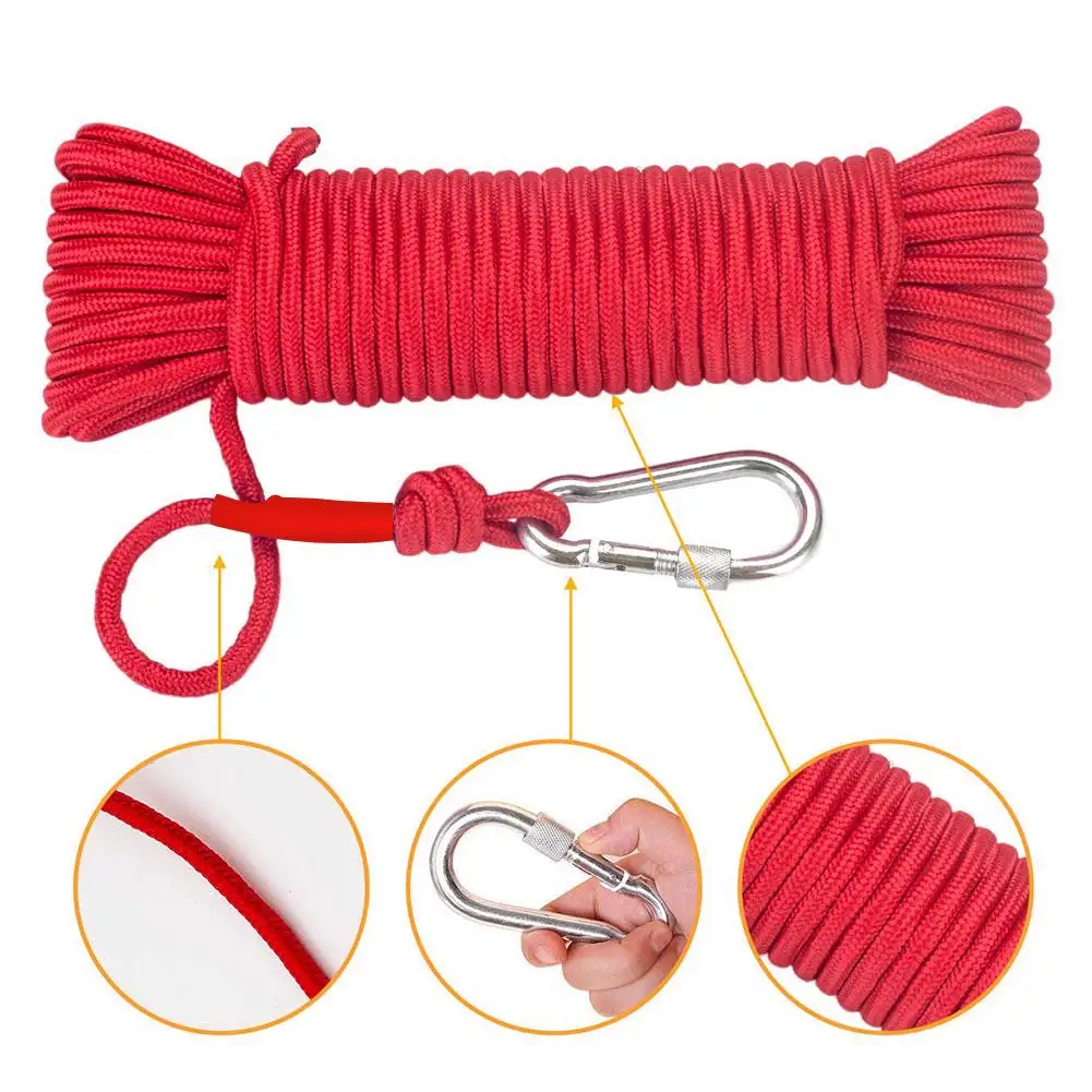 8mm Emergency Escape Rope Climbing Buckle Magnet Fishing Rope Nylon Rescue Safety Rope 20m Length For Outdoor Sports Camping