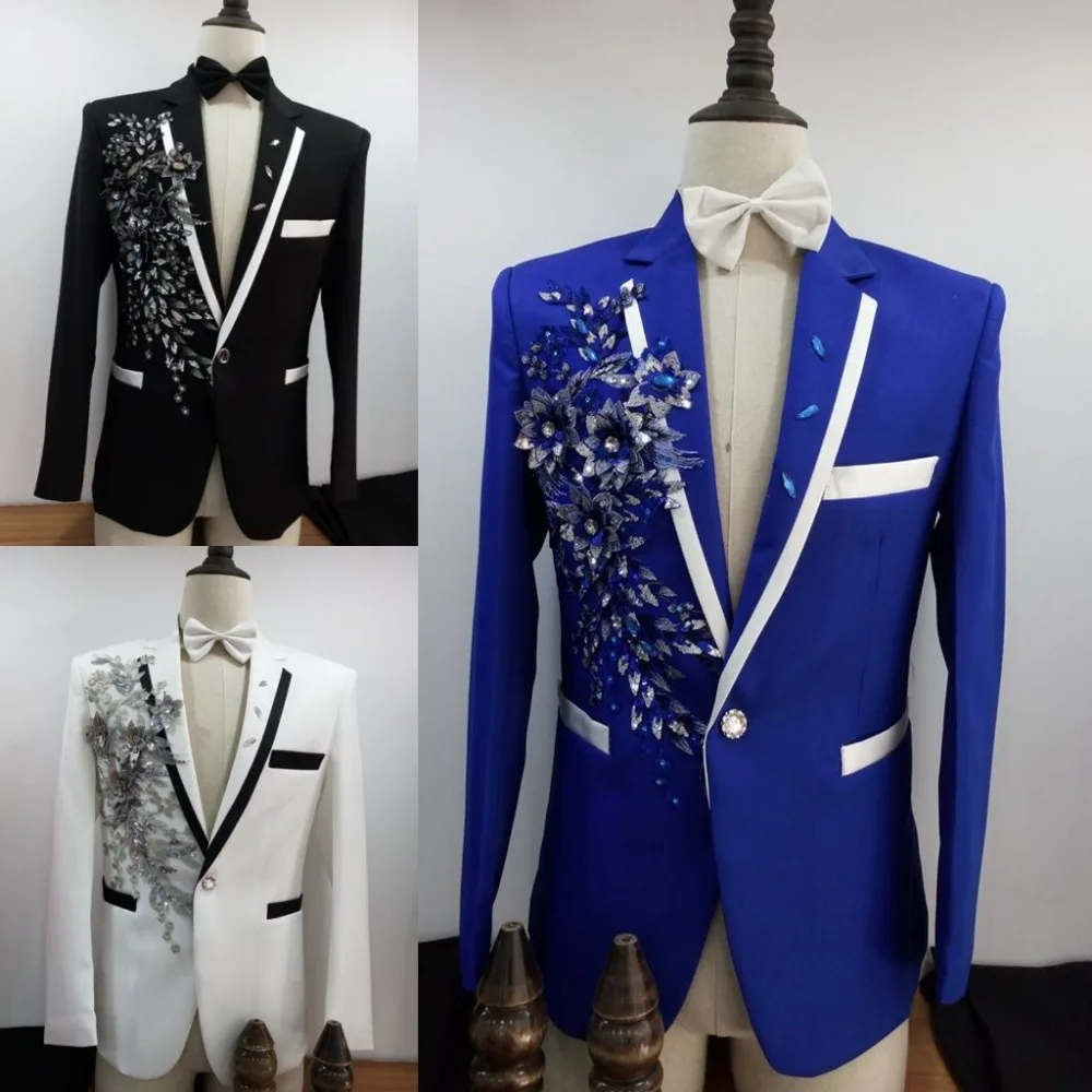 

Free shipping mens royal blue/black/white sequin flower beading embroidery tuxedo jacket/stage performancen this is only jacket