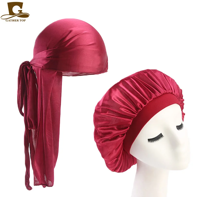 Sombrero de dormir para hombre y mujer, gorro con cola larga y correas anchas, color sólido y sedoso, cómodo