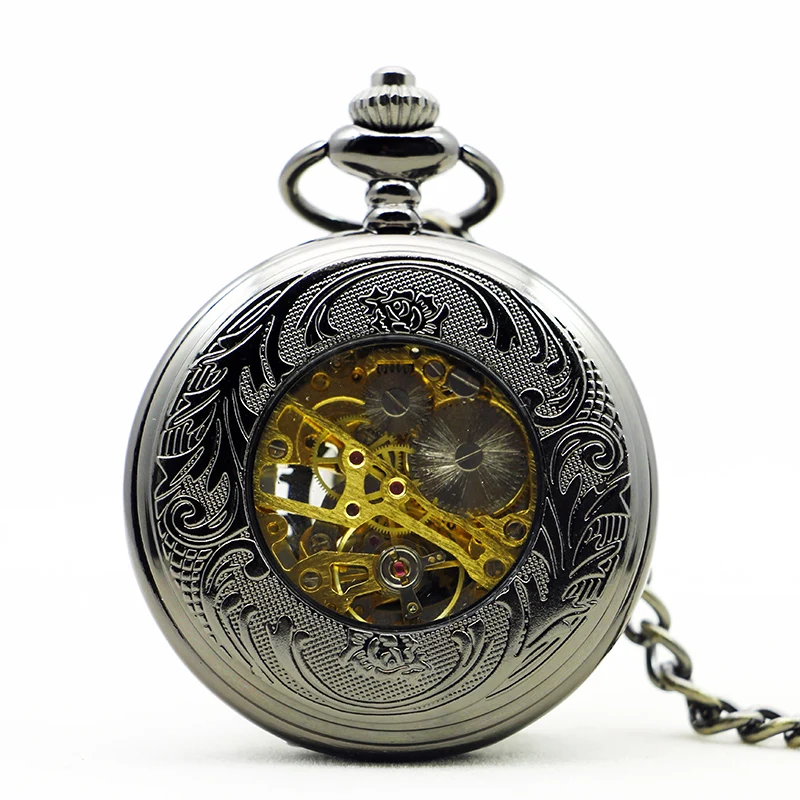 Black Mesh Relief Skeleton Mechanical Pocket Watch Retro Steampunk Gentleman Style Men\'s and Women\'s Necklaces Pendant Clock