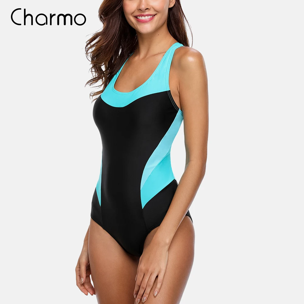 Charmo One Piece Dames Sportbadmode Kleurblok Sportzwempak Patchwork Beachwear Badpak Gewatteerde Monikini Body Suit