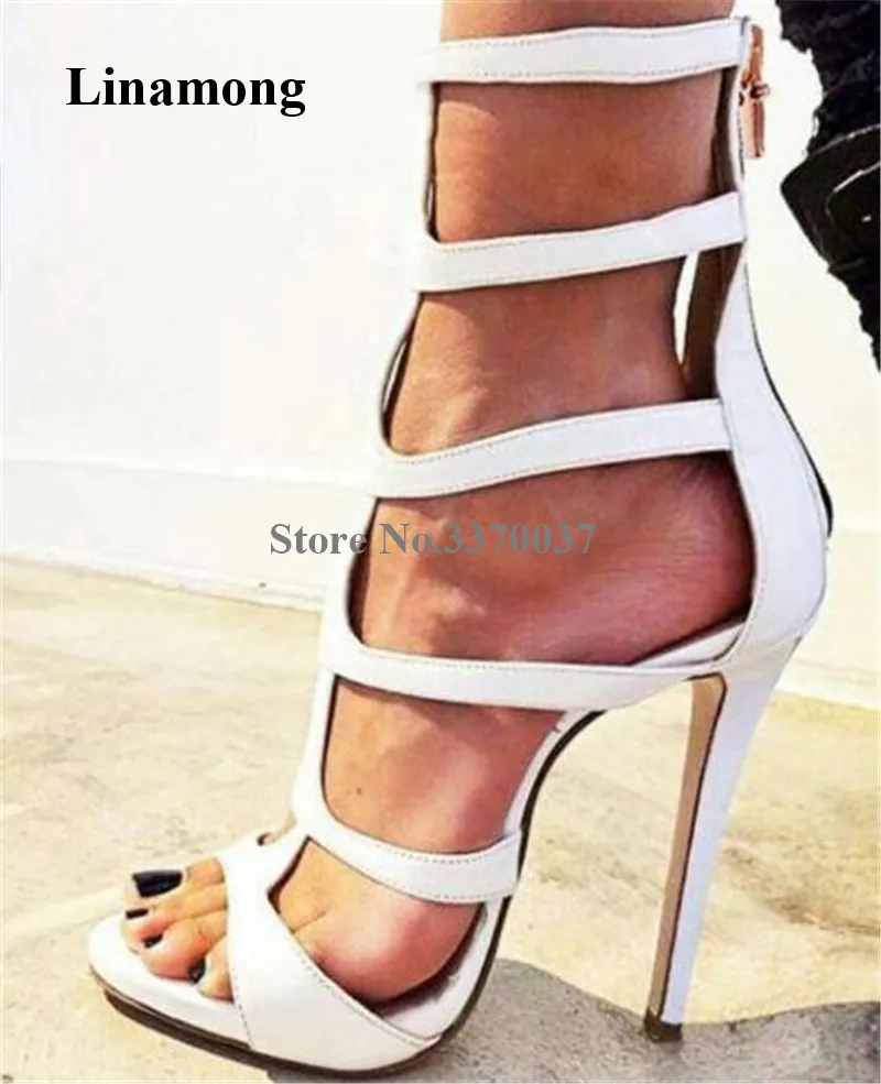 

Women Sexy Fashion Open Toe Stiletto Heel Gladiator Sandals White Black Straps Back Zipper-up High Heel Sandals Dress Heels Shoe