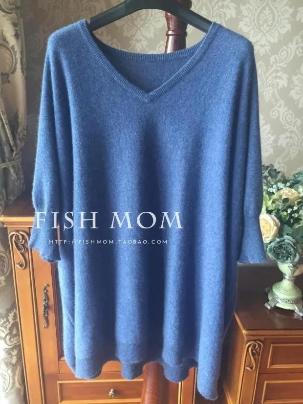 Spring Autumn Winter New V-Neck Oversize Loose Sweater Women Knit Pullovers Short Sleeve Big Size Female 100% Wool Casual Tops