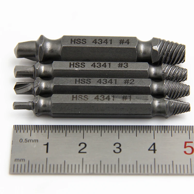 HSS 4341 4pcs Damaged Screw Remover Double-End Stripped Screws  Extractor Set Bolt Extractor For Drill Taladro Manual