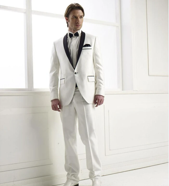 

Custom Made White Jacket Black Pants, Bespoke White Tuxedo Jacket Black Lapel,Tailored Groom White Tuxedo Black Shawl Lapel Vest