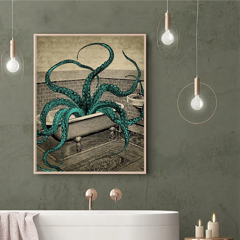 Póster en lienzo de pulpo, arte de pared para baño, pintura impresa, pulpo en el baño, imagen artística de vida marina, decoración de pared de baño