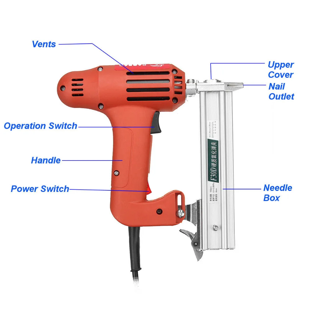 WENXING 1800W 220V Electric Nailer 10-30mm Straight Nail Staple Piercing Gun Lightweight Woodworking Power Tool