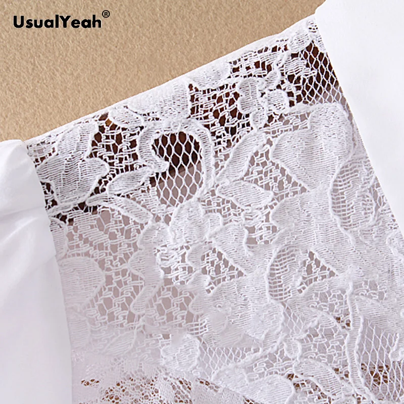 UsualYeah Black Lace Patch Body Shirt Autumn 3/4 Sleeve Smart Office Lady Work Wear Solid Color Bodysuit White