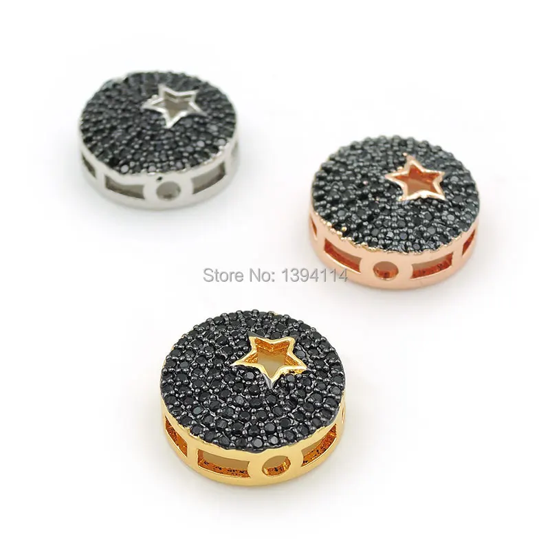 

13*13*4mm Micro Pave Black CZ Round Of Piercing Star Flat Beads Fit For Making DIY Bracelets Jewelry