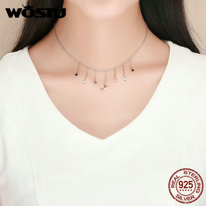 WOSTU Authentic 925 Sterling Silver Stars & Moon Chains Necklace For Women S925 Silver Brand Jewelry New Year Gift CQN301