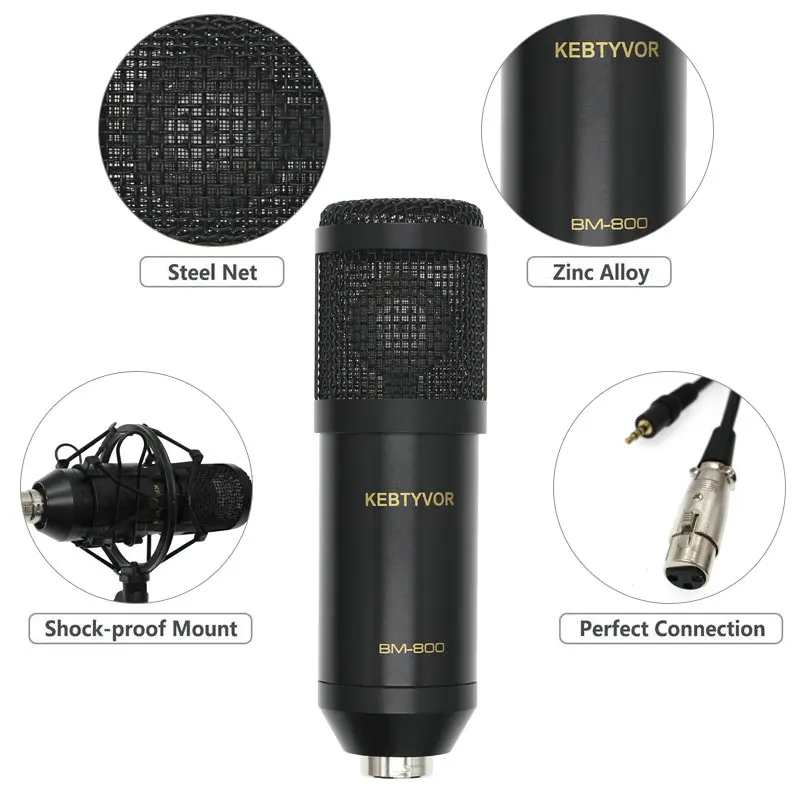 Microfone condensador profissional bm 800, gravação de áudio voz para estúdio, para computador, karaokê, phantom power pop, filtro de placa de som