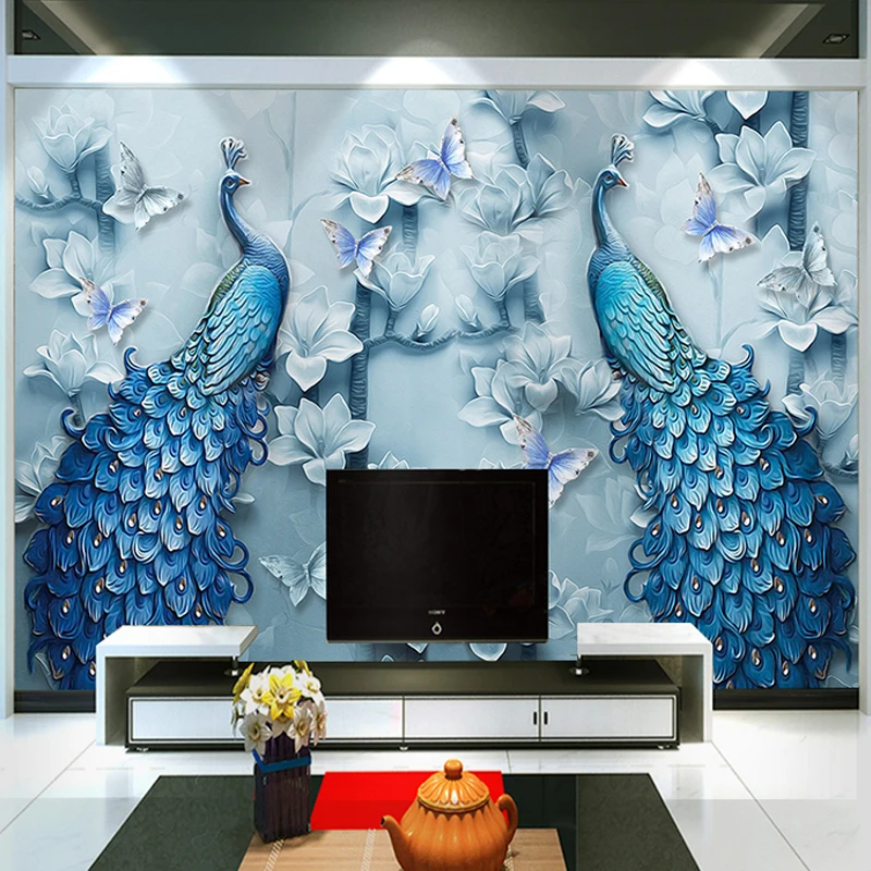 Chinese Style 3D Embossed Blue Peacock Oil Painting Mural Living Room TV Sofa Hotel Background Wall Classic Decor 3D Wallpaper