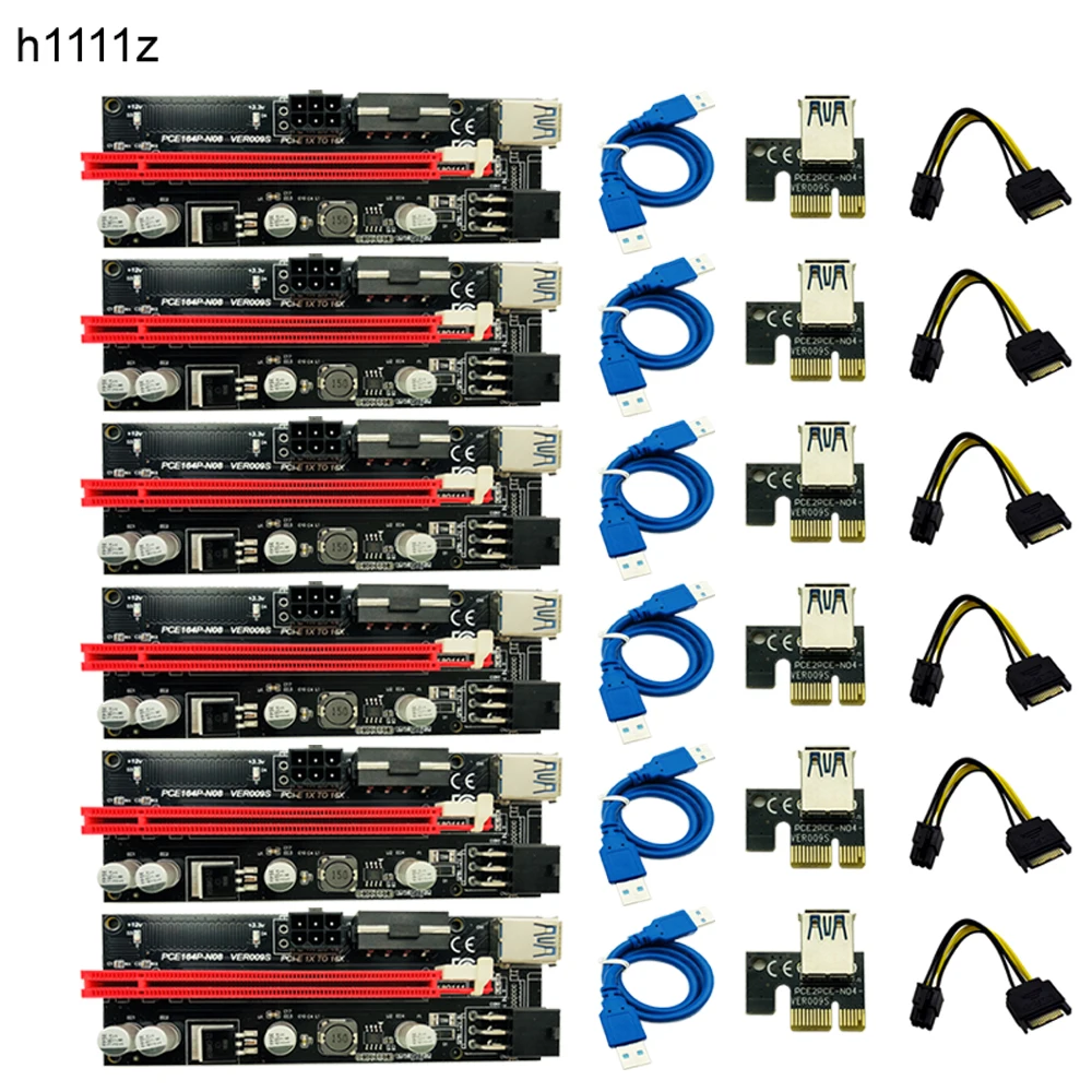 6Pcs ใหม่ล่าสุด VER009 USB 3.0 PCI-E Riser VER 009S Express 1X 4x 8x 16x Extender Riser Adapter Card SATA 15pin To 6 Pin Power Cable