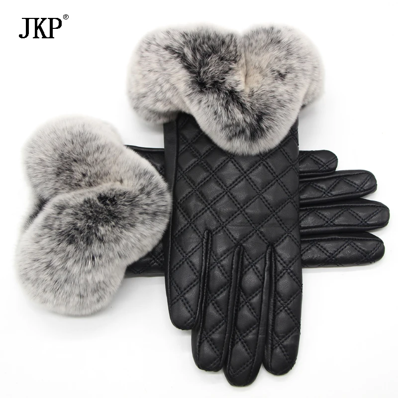 JKP ใหม่หรูหรากระต่ายจริงขน Rex ถุงมือผู้หญิงสีดำหนัง Sheepskin ของแท้ฤดูหนาวหนาอุ่นถุงมือผู้หญิง