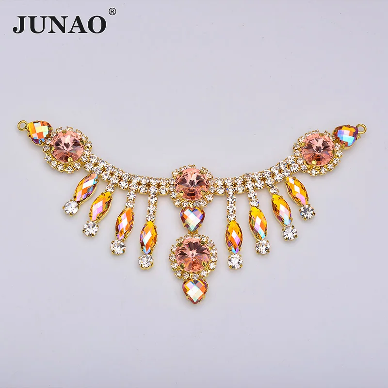 JUNAO 155*60mm Sewing Red AB Glass Rhinestone Chain Trim Gold Flowers Strass Applique Crystal Fringe for Garment Decoration