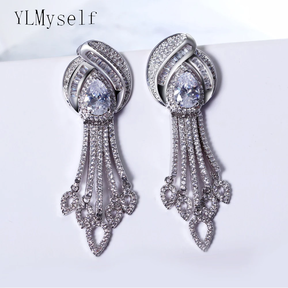 Top quality Large Dangle earrings Gold and White color Setting Bright Cubic Zirconia Women Jewelry for Bridal Wedding party