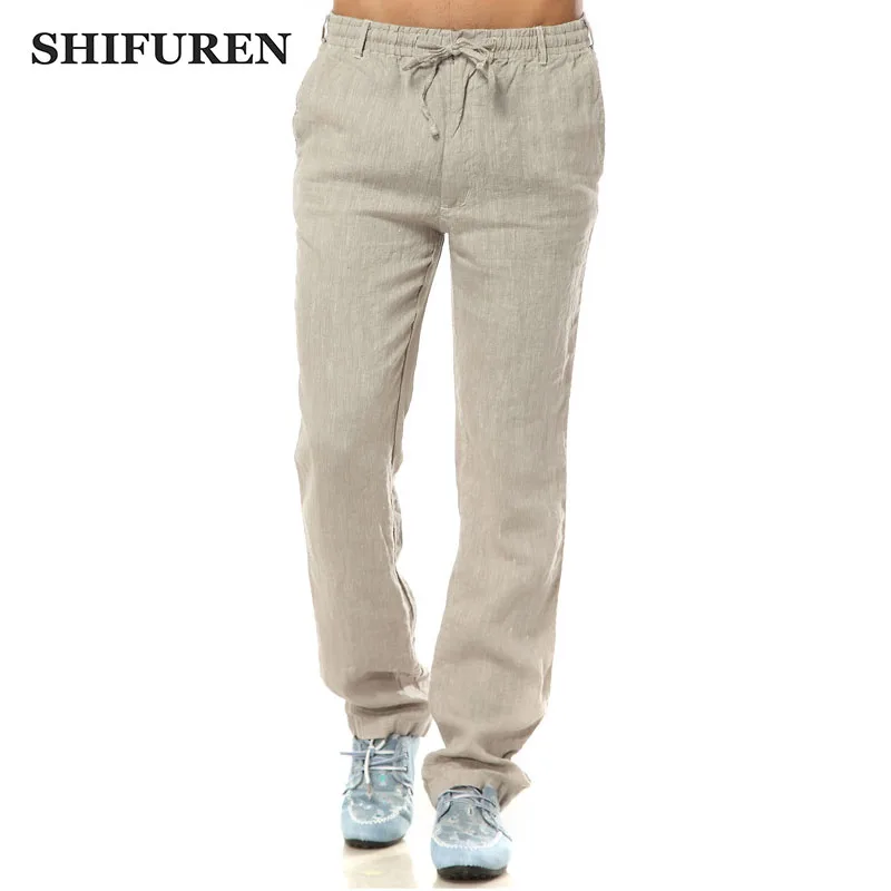 SHIFUREN Summer Linen Pants Men Elastic Waist Loose Fit Breathable Pure Linen Causal Straight Pants Lightweight Male Trousers