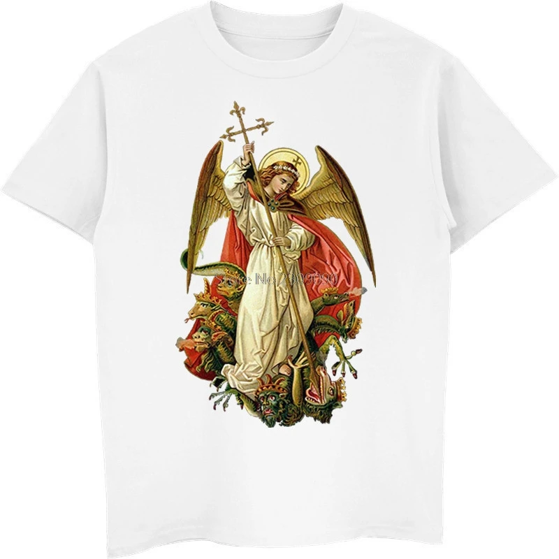 Saint Michael Destroy The Devil Catholic Christian T Shirt Men's Cotton Short Sleeve T-shirt Hip Hop Tee Top Harajuku Streetwear