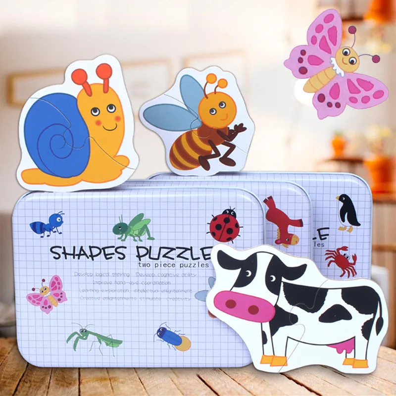 Baby Paper Puzzles Cartoon Lovely Animals Sets Iron Box Learning English Letter/Word Matching Puzzle Card Puzzle Educational Toy